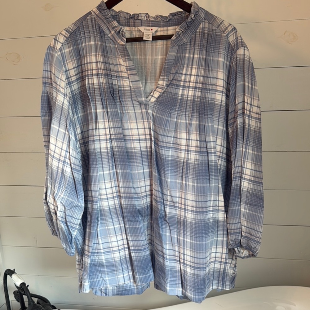 Intro Blue Plaid Ruffle Blouse